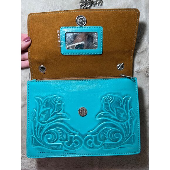 Patricia Nash Aqua Leather Rose Tooled Crossbody Bag With Chain Strap & Tassel - Picture 14 of 16